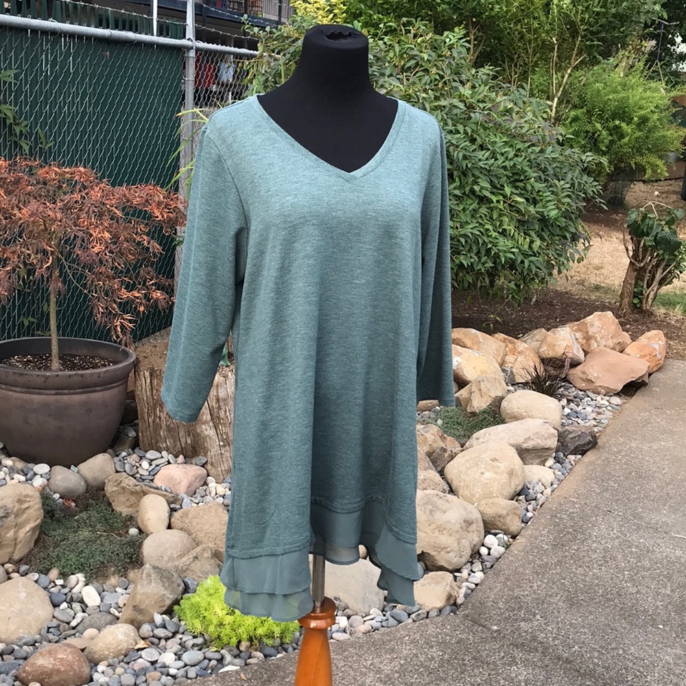 Sage green tunic with layered sheer bottom